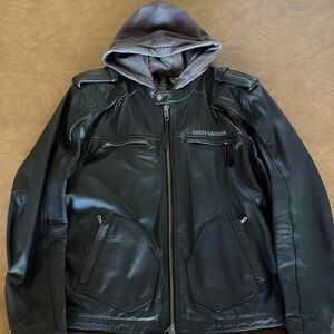 Harley-Davidson Black Leather Bomber Jacket with Gray Hood